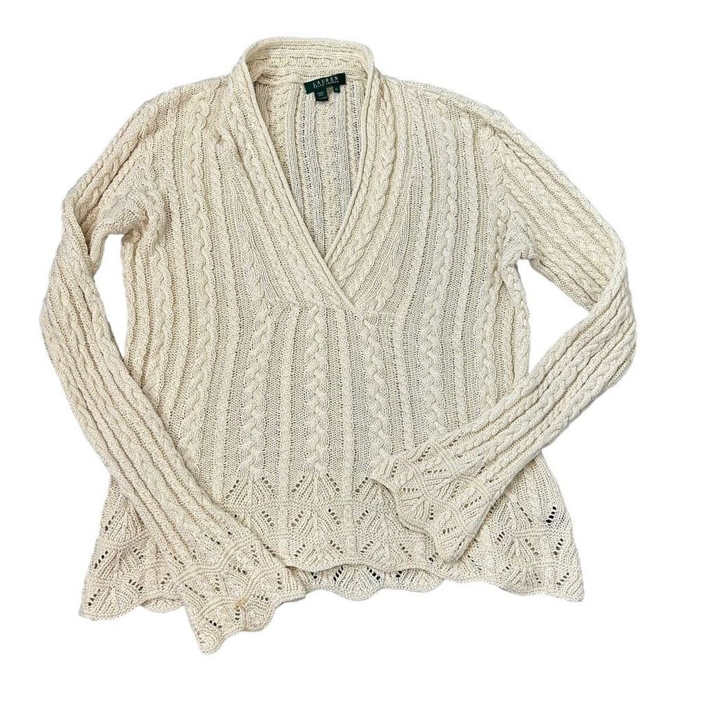 Ralph Lauren Womens Cable Knit Shawl V Neck Sweater XL Cream Ivory Cotton - Picture 5 of 12